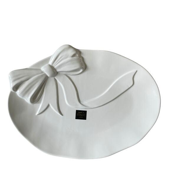 Handmade in Italy Embossed White Bow Ceramic Serving Platter 12x16 Oval NEW - Picture 14 of 16